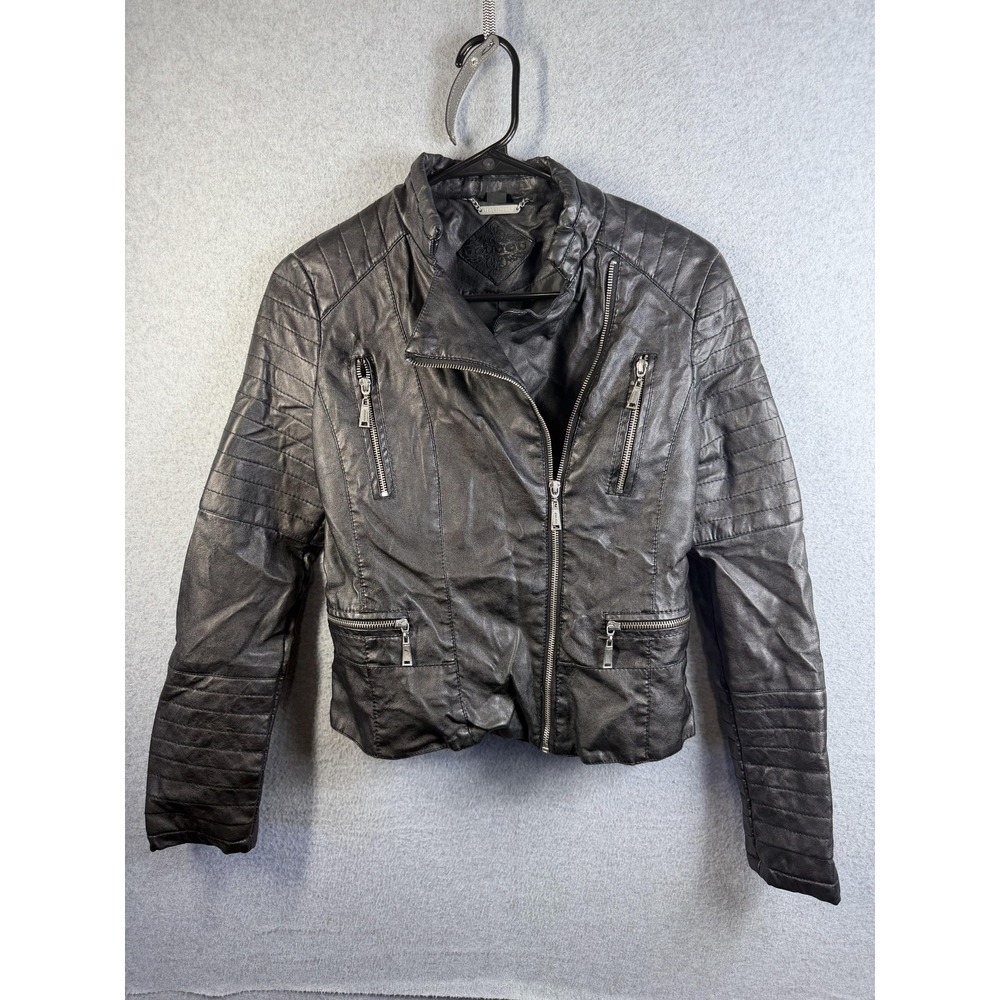 Joujou Jacket Womens Small Black Faux Leather Quilted Moto Biker Zip Asym
